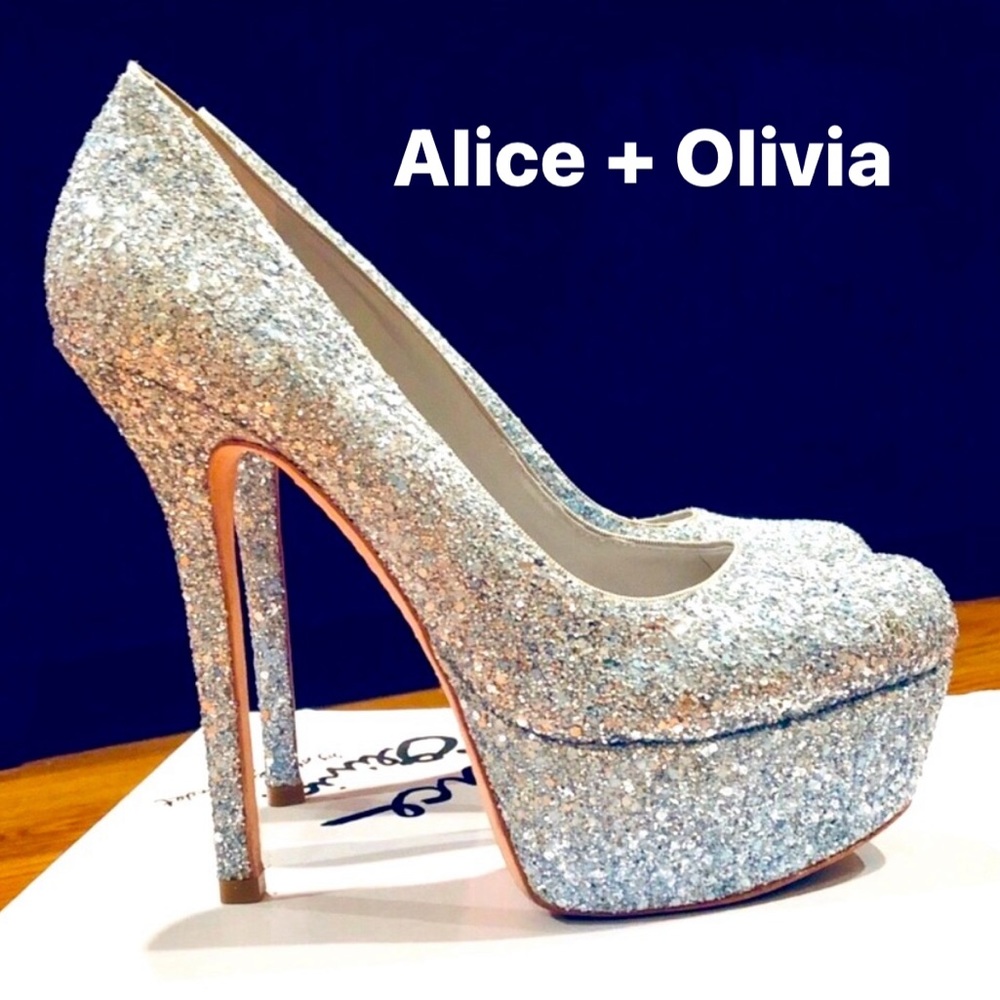 Sparkling silver Alice + Olivia stilettos, high platform, and statement heel.
